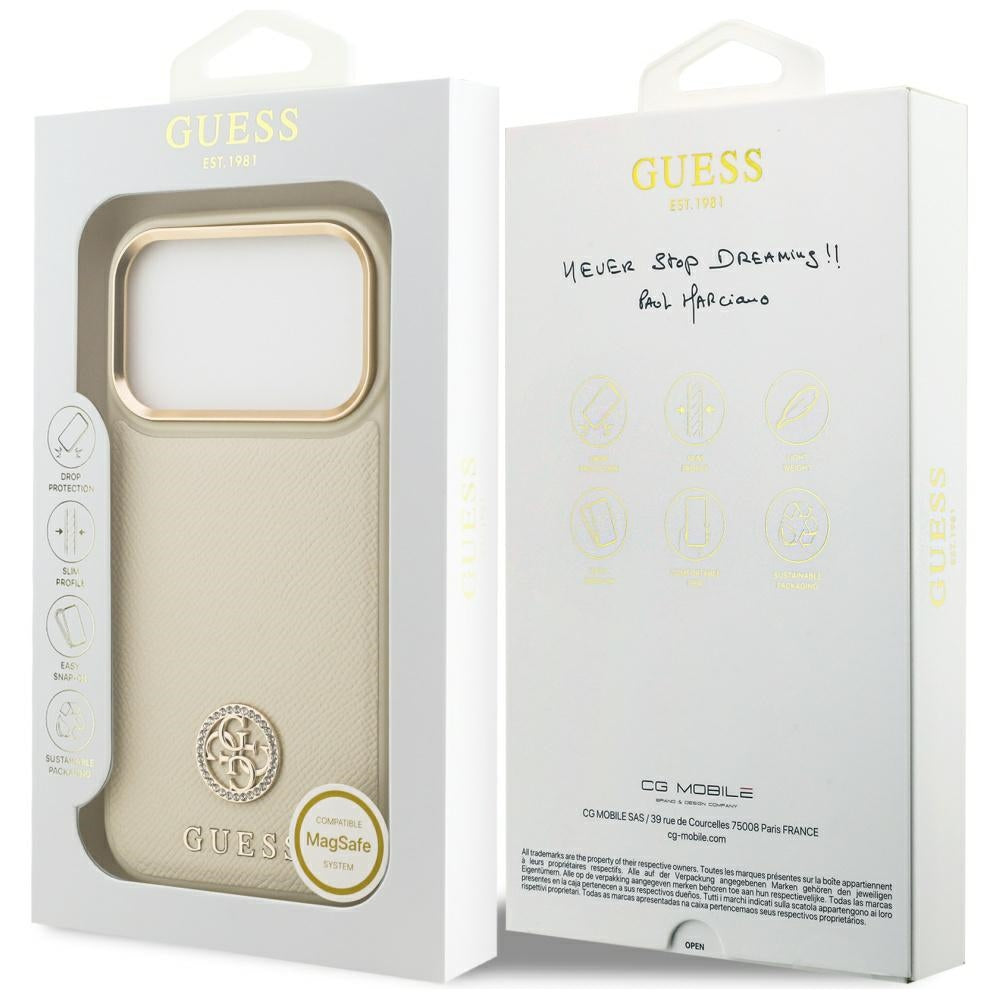 Husa MagSafe pentru Apple iPhone 17 Pro, Guess, Grained Strass Logo, Bej