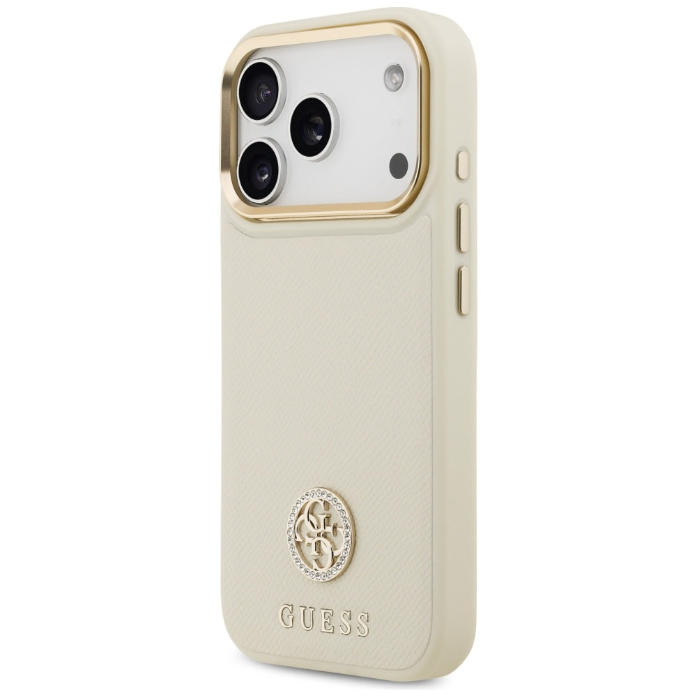 Husa MagSafe pentru Apple iPhone 17 Pro, Guess, Grained Strass Logo, Bej