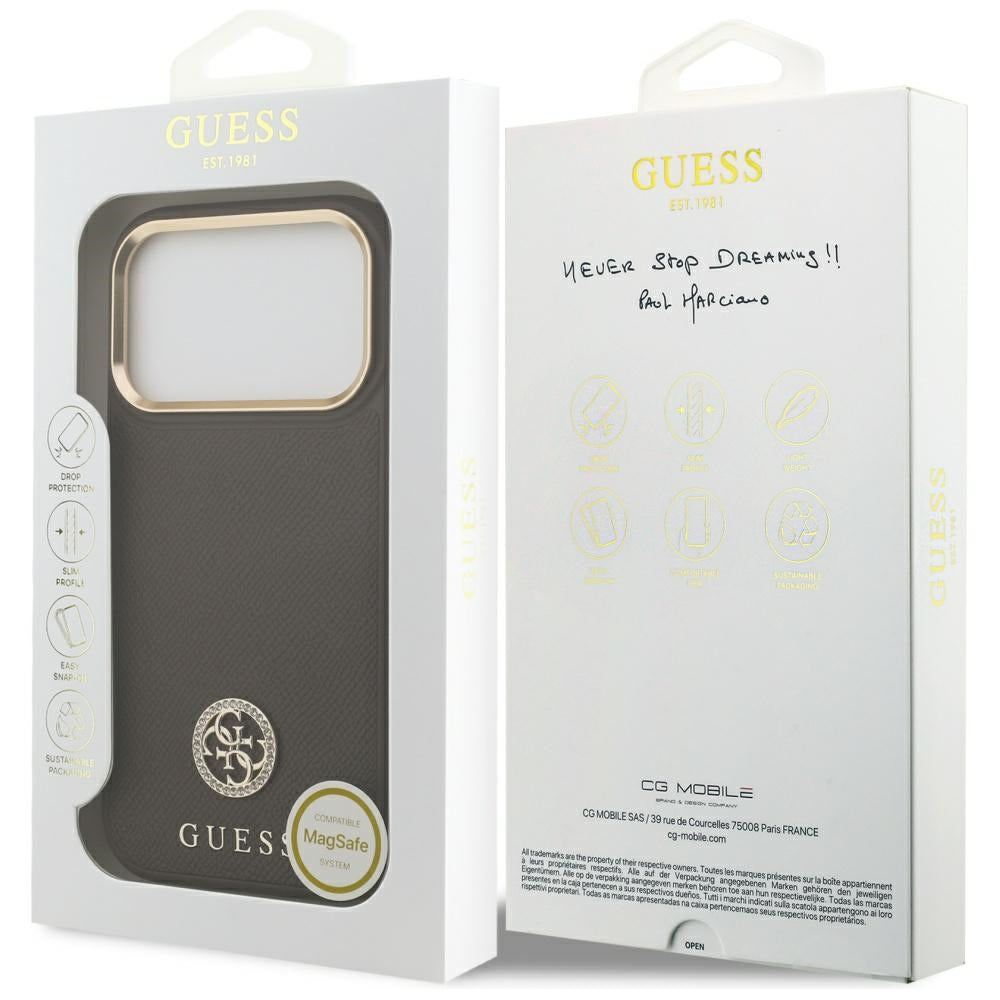Husa MagSafe pentru Apple iPhone 17 Pro, Guess, Grained Strass Logo, Maro