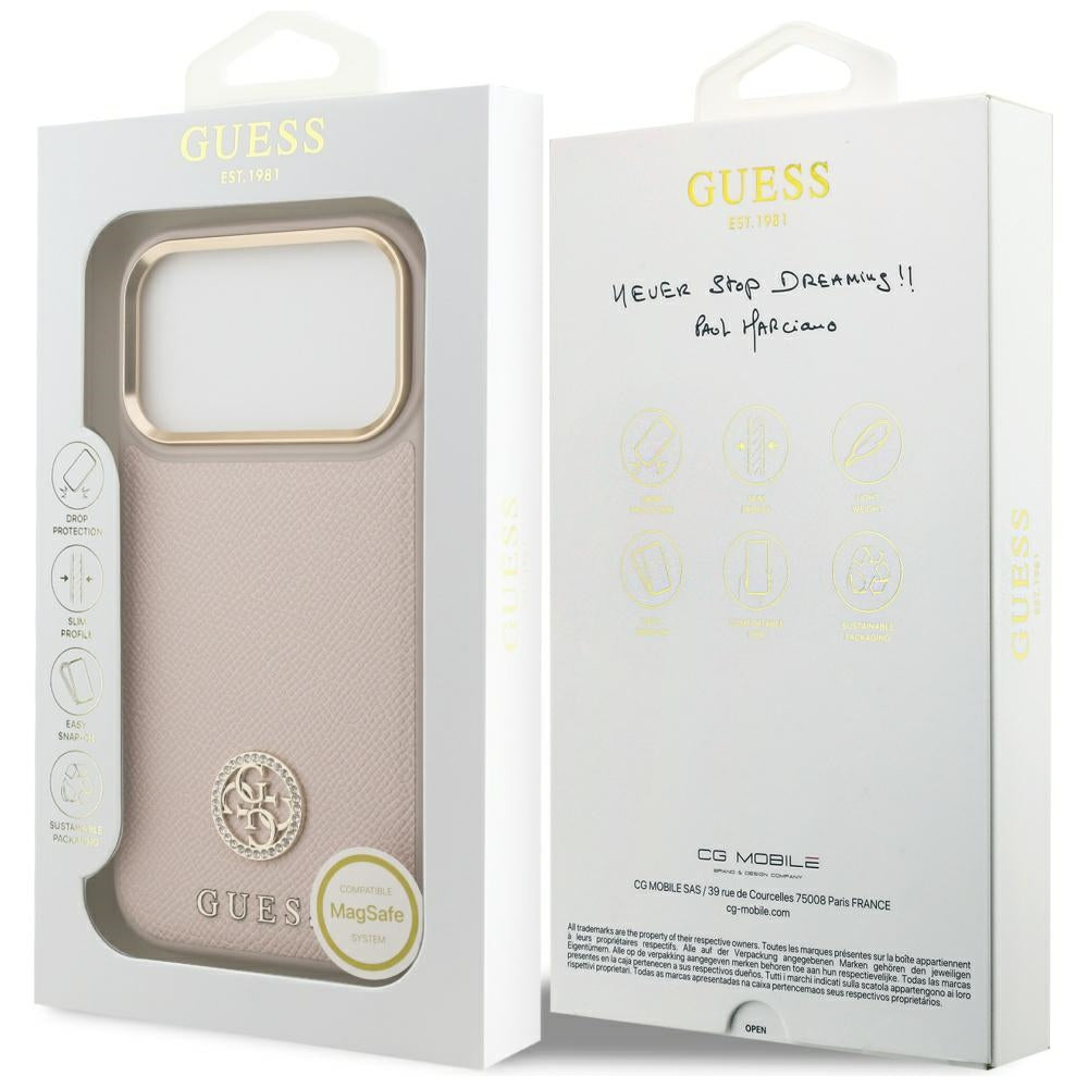 Husa MagSafe pentru Apple iPhone 17 Pro, Guess, Grained Strass Logo, Roz