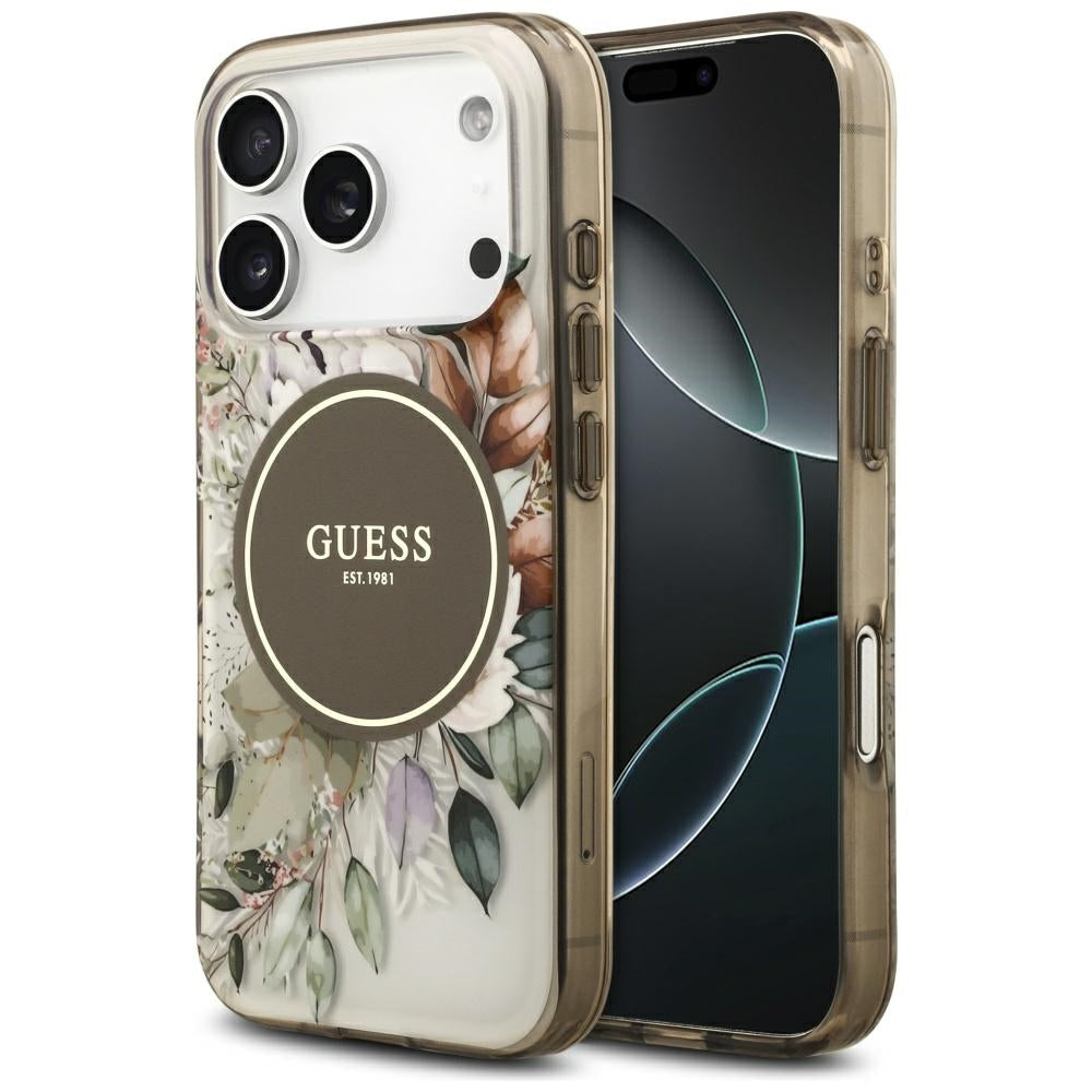 Husa MagSafe pentru Apple iPhone 17 Pro, Guess, IML Flower and Tonal Circle , Maro