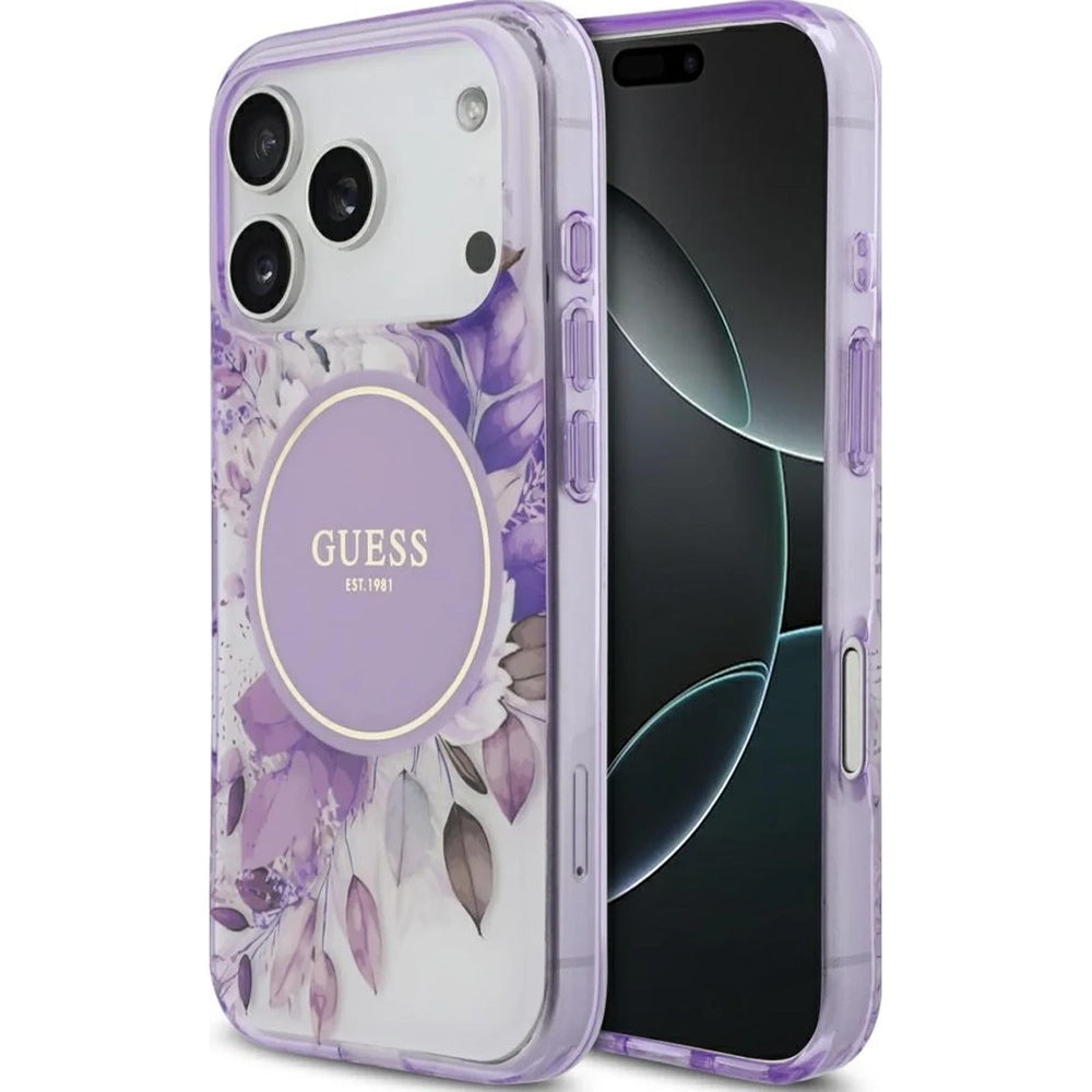 Husa MagSafe pentru Apple iPhone 17 Pro, Guess, IML Flower & Tonal Circle, Mov