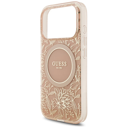 Husa MagSafe pentru Apple iPhone 17 Pro, Guess, IML Flowers Allover Electroplated with Pearl Strap, Roz