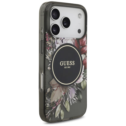 Husa MagSafe pentru Apple iPhone 17 Pro, Guess, IML Flowers with Pearl Strap, Neagra