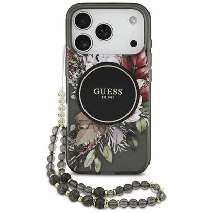 Husa MagSafe pentru Apple iPhone 17 Pro, Guess, IML Flowers with Pearl Strap, Neagra