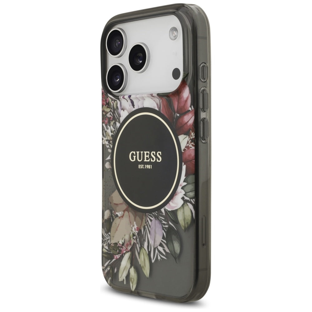 Husa MagSafe pentru Apple iPhone 17 Pro, Guess, IML Flowers with Pearl Strap, Neagra