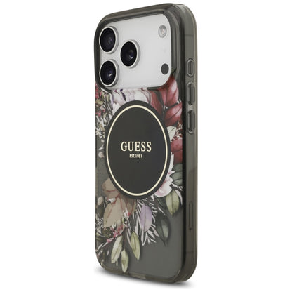Husa MagSafe pentru Apple iPhone 17 Pro, Guess, IML Flowers with Pearl Strap, Neagra