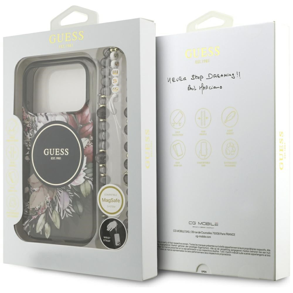 Husa MagSafe pentru Apple iPhone 17 Pro, Guess, IML Flowers with Pearl Strap, Neagra