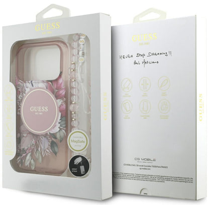 Husa MagSafe pentru Apple iPhone 17 Pro, Guess, IML Flowers with Pearl Strap, Roz