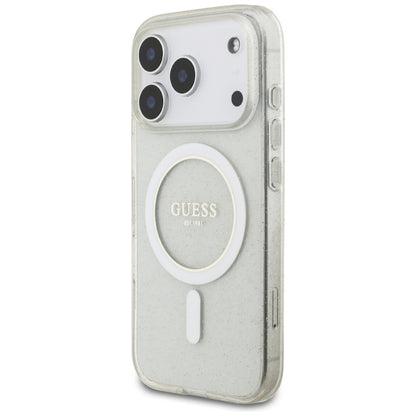 Husa MagSafe pentru Apple iPhone 17 Pro, Guess, IML Glitter with Pearl Strap, Transparenta