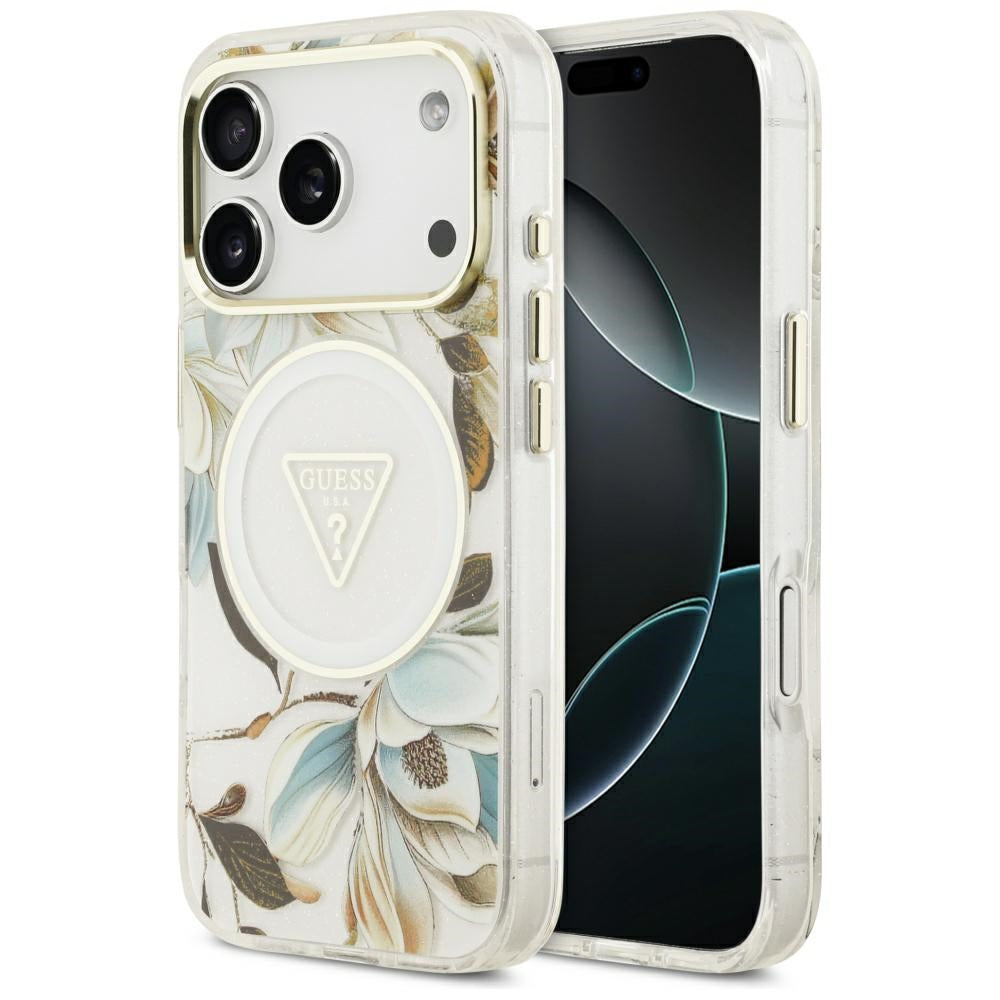 Husa MagSafe pentru Apple iPhone 17 Pro, Guess, IML Metal Glitter Flowers Triangle, Alba