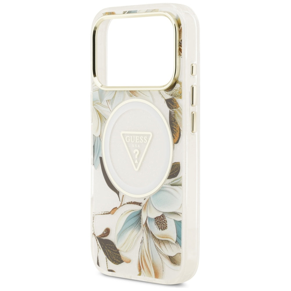 Husa MagSafe pentru Apple iPhone 17 Pro, Guess, IML Metal Glitter Flowers Triangle, Alba