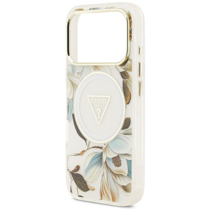 Husa MagSafe pentru Apple iPhone 17 Pro, Guess, IML Metal Glitter Flowers Triangle, Alba