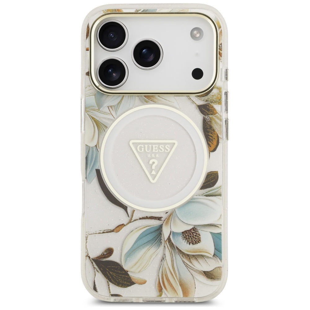 Husa MagSafe pentru Apple iPhone 17 Pro, Guess, IML Metal Glitter Flowers Triangle, Alba