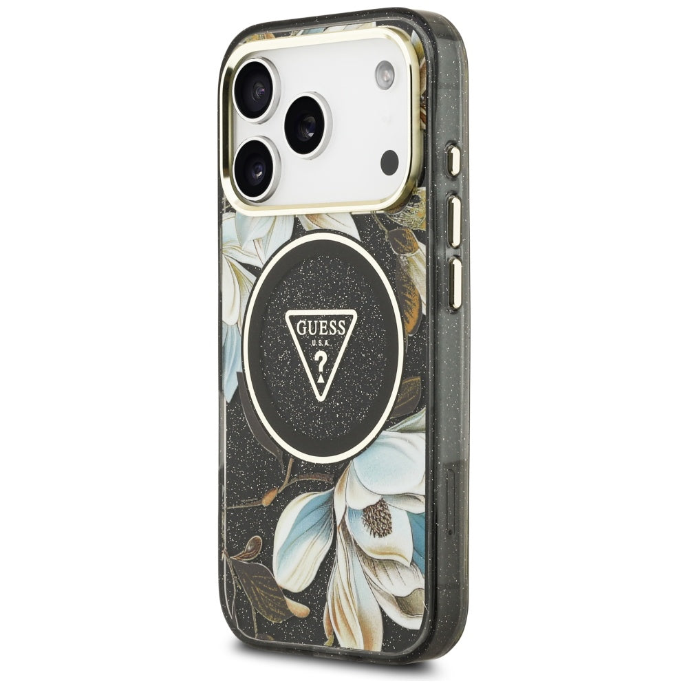 Husa MagSafe pentru Apple iPhone 17 Pro, Guess, IML Metal Glitter Flowers Triangle, Neagra