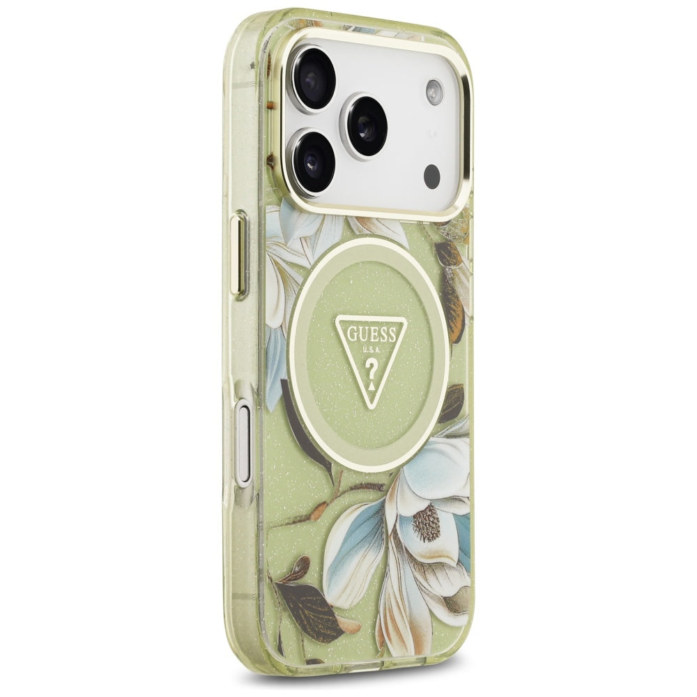 Husa MagSafe pentru Apple iPhone 17 Pro, Guess, IML Metal Glitter Flowers Triangle, Verde