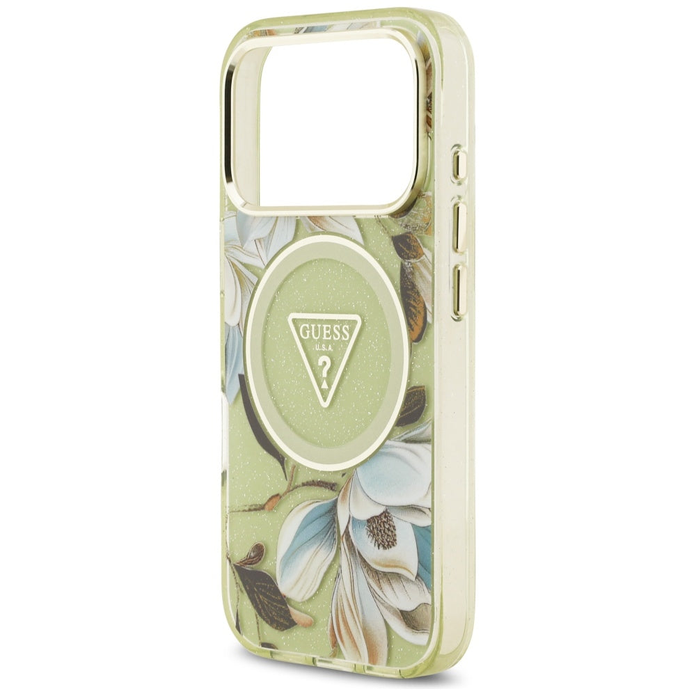 Husa MagSafe pentru Apple iPhone 17 Pro, Guess, IML Metal Glitter Flowers Triangle, Verde
