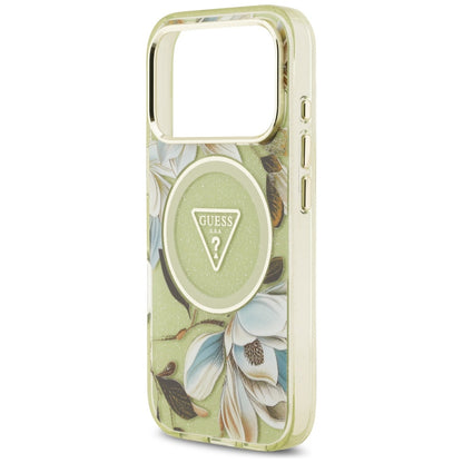 Husa MagSafe pentru Apple iPhone 17 Pro, Guess, IML Metal Glitter Flowers Triangle, Verde