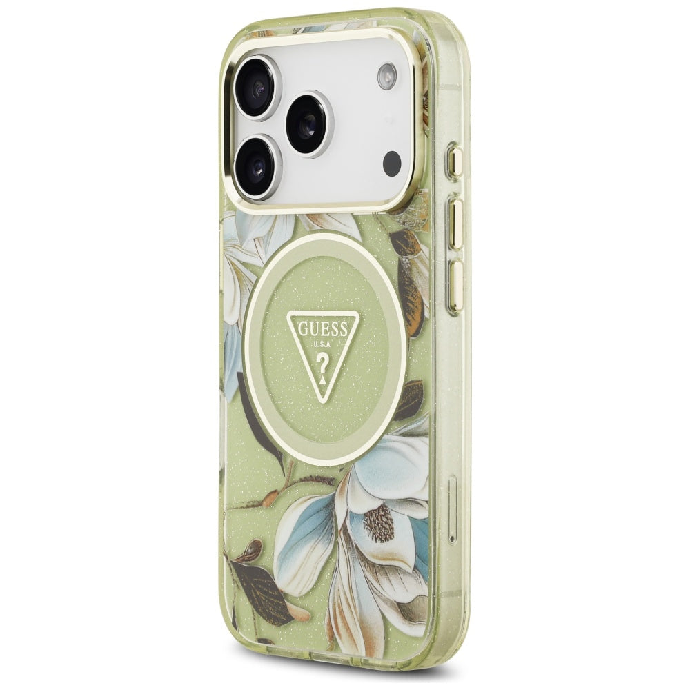Husa MagSafe pentru Apple iPhone 17 Pro, Guess, IML Metal Glitter Flowers Triangle, Verde