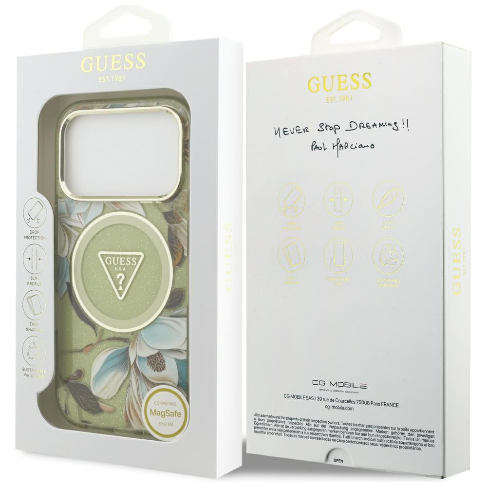 Husa MagSafe pentru Apple iPhone 17 Pro, Guess, IML Metal Glitter Flowers Triangle, Verde