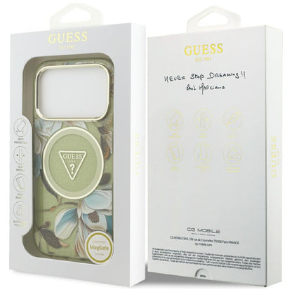 Husa MagSafe pentru Apple iPhone 17 Pro, Guess, IML Metal Glitter Flowers Triangle, Verde