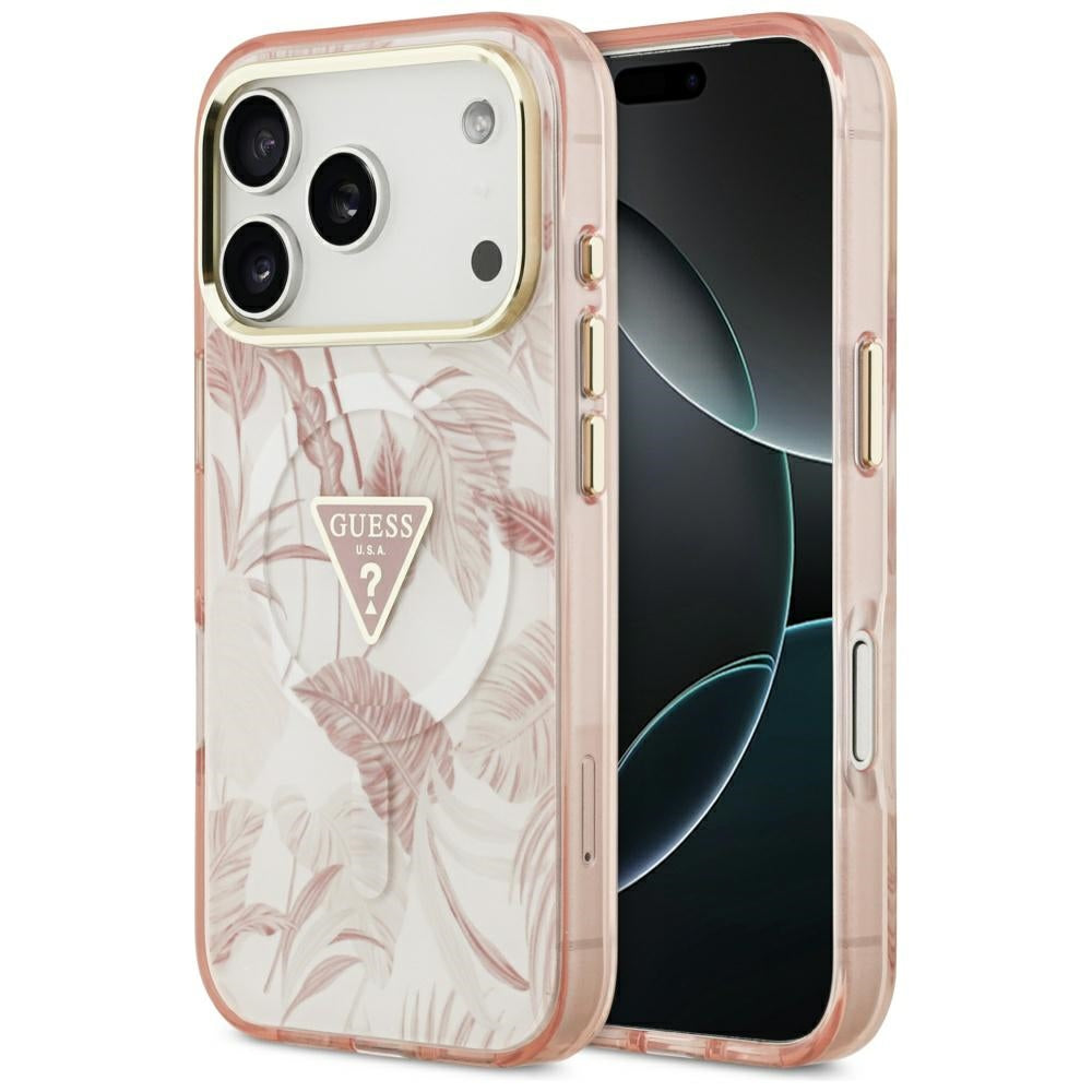 Husa MagSafe pentru Apple iPhone 17 Pro, Guess, Jungle Tonal Triangle, Roz