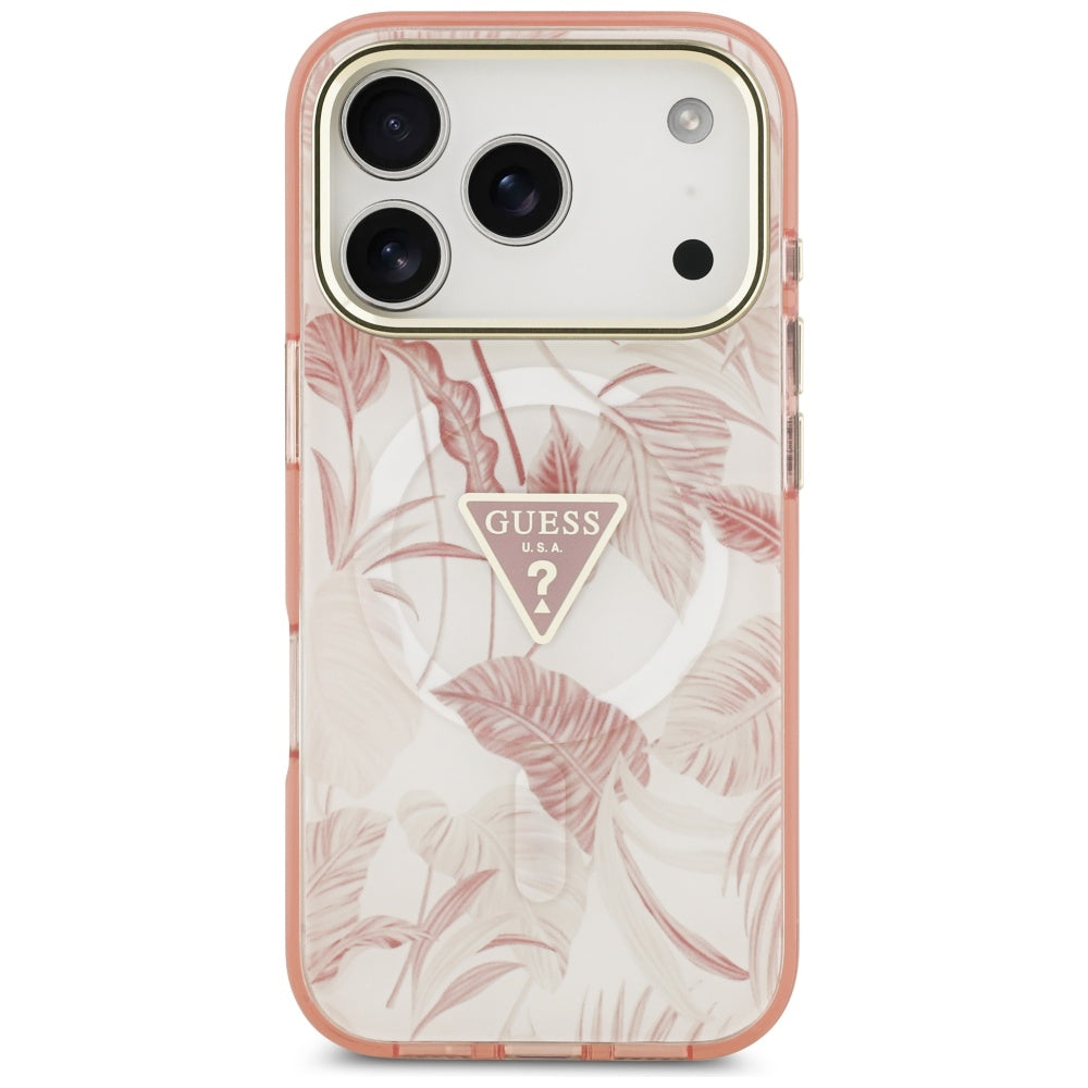 Husa MagSafe pentru Apple iPhone 17 Pro, Guess, Jungle Tonal Triangle, Roz
