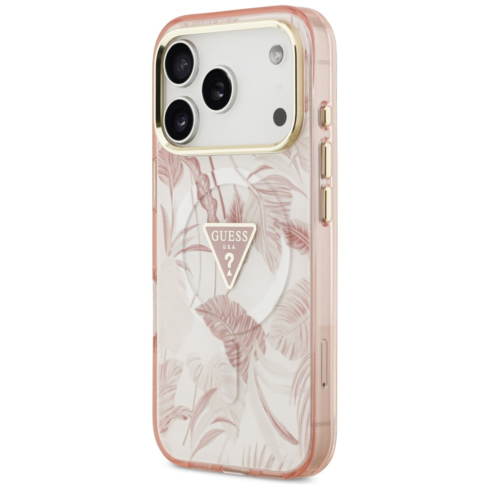 Husa MagSafe pentru Apple iPhone 17 Pro, Guess, Jungle Tonal Triangle, Roz
