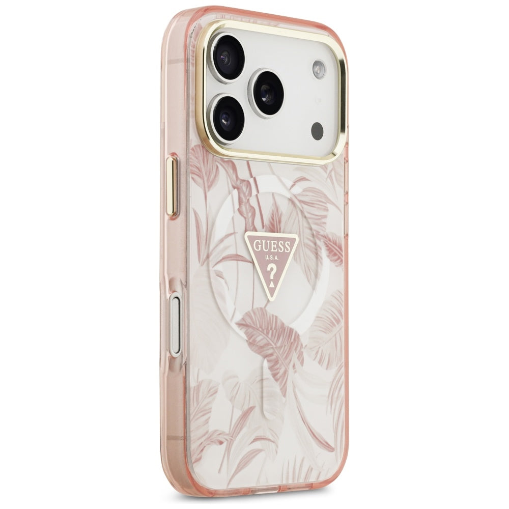 Husa MagSafe pentru Apple iPhone 17 Pro, Guess, Jungle Tonal Triangle, Roz