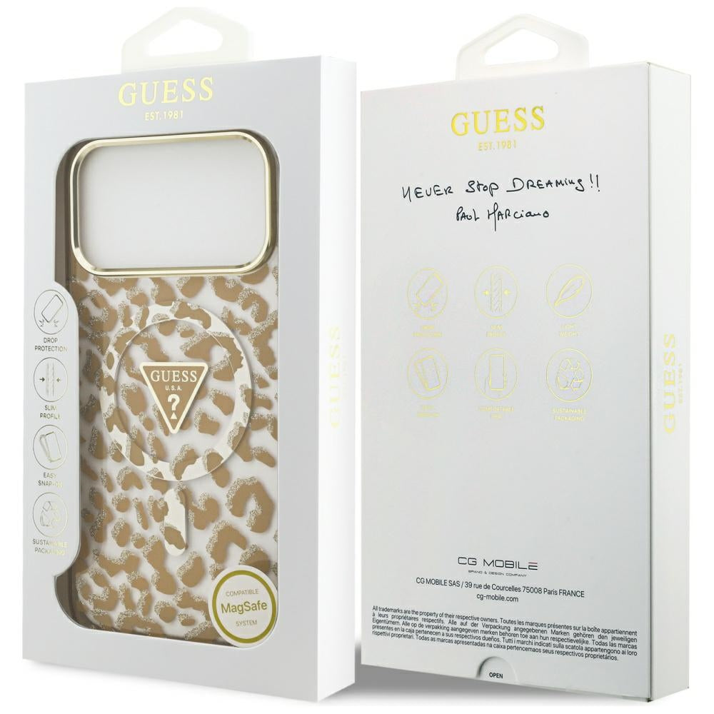 Husa MagSafe pentru Apple iPhone 17 Pro, Guess, Leopard Glitter, Maro