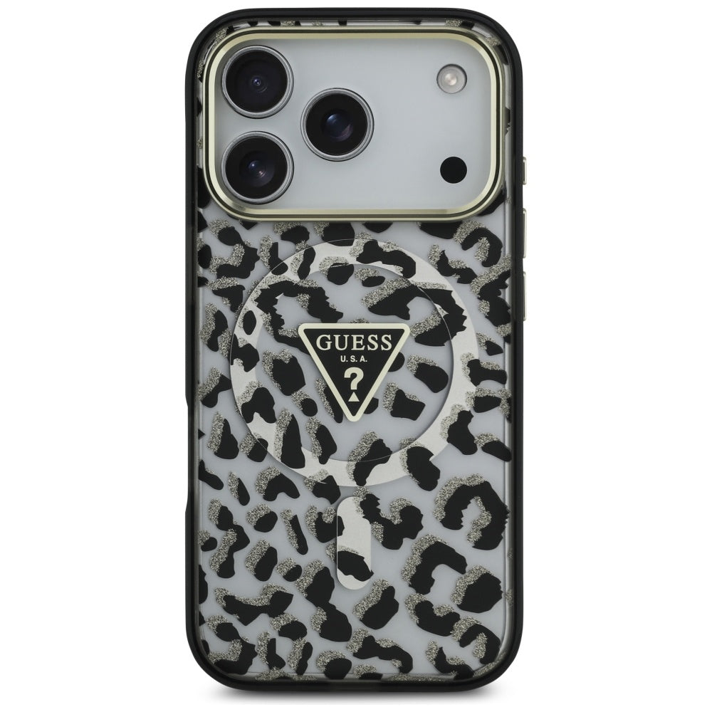 Husa MagSafe pentru Apple iPhone 17 Pro, Guess, Leopard Glitter, Neagra