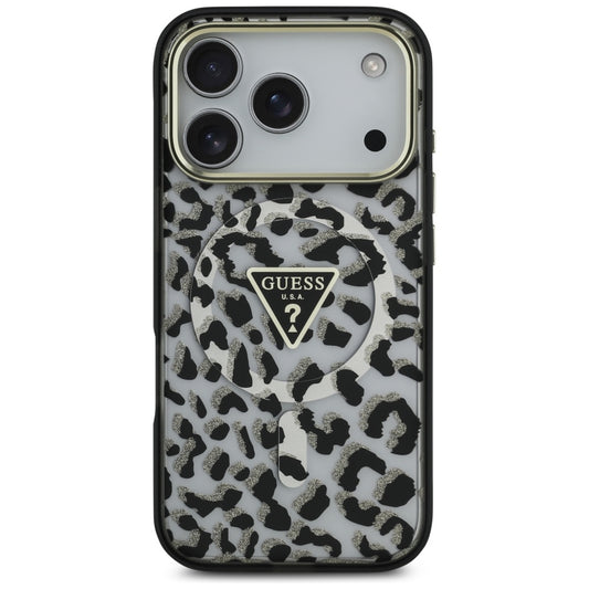 Husa MagSafe pentru Apple iPhone 17 Pro, Guess, Leopard Glitter, Neagra