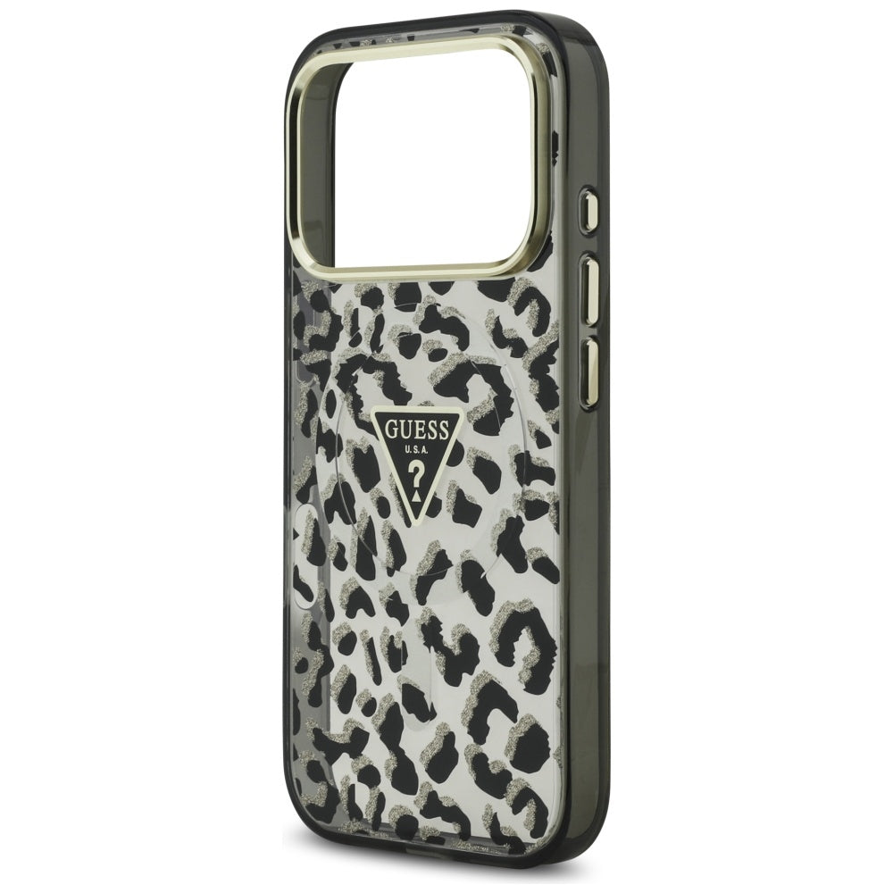 Husa MagSafe pentru Apple iPhone 17 Pro, Guess, Leopard Glitter, Neagra