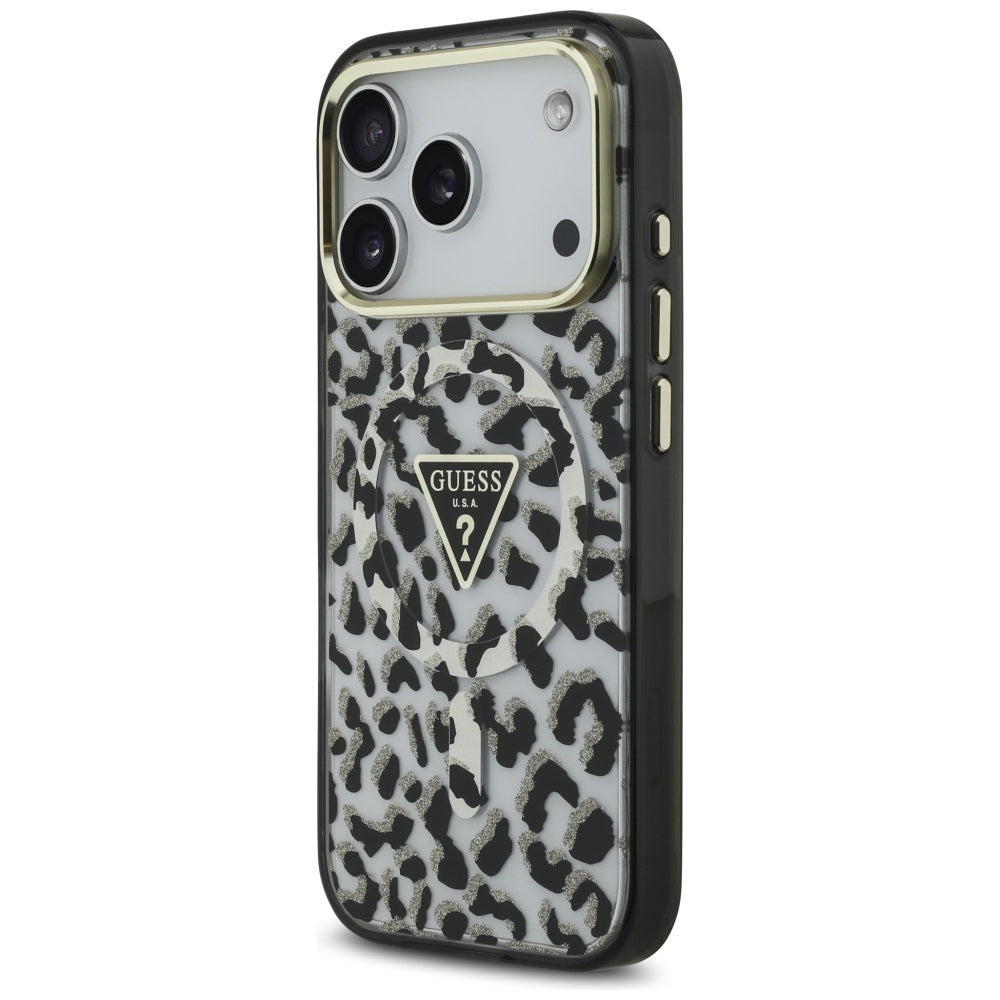 Husa MagSafe pentru Apple iPhone 17 Pro, Guess, Leopard Glitter, Neagra