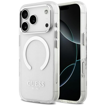 Husa MagSafe pentru Apple iPhone 17 Pro, Guess, Metal Outline, Argintie