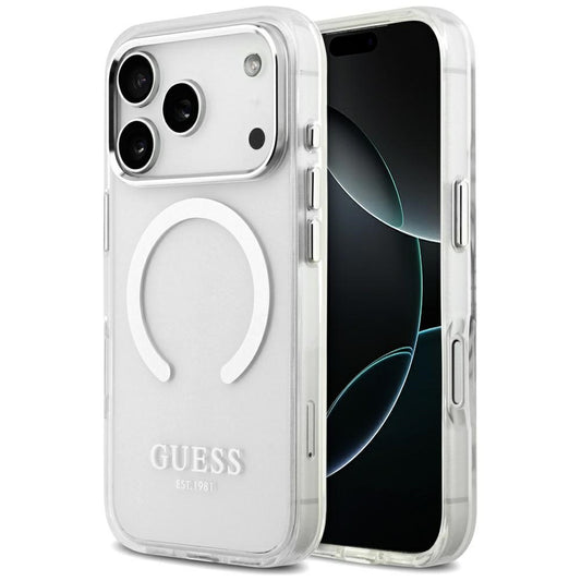 Husa MagSafe pentru Apple iPhone 17 Pro, Guess, Metal Outline, Argintie