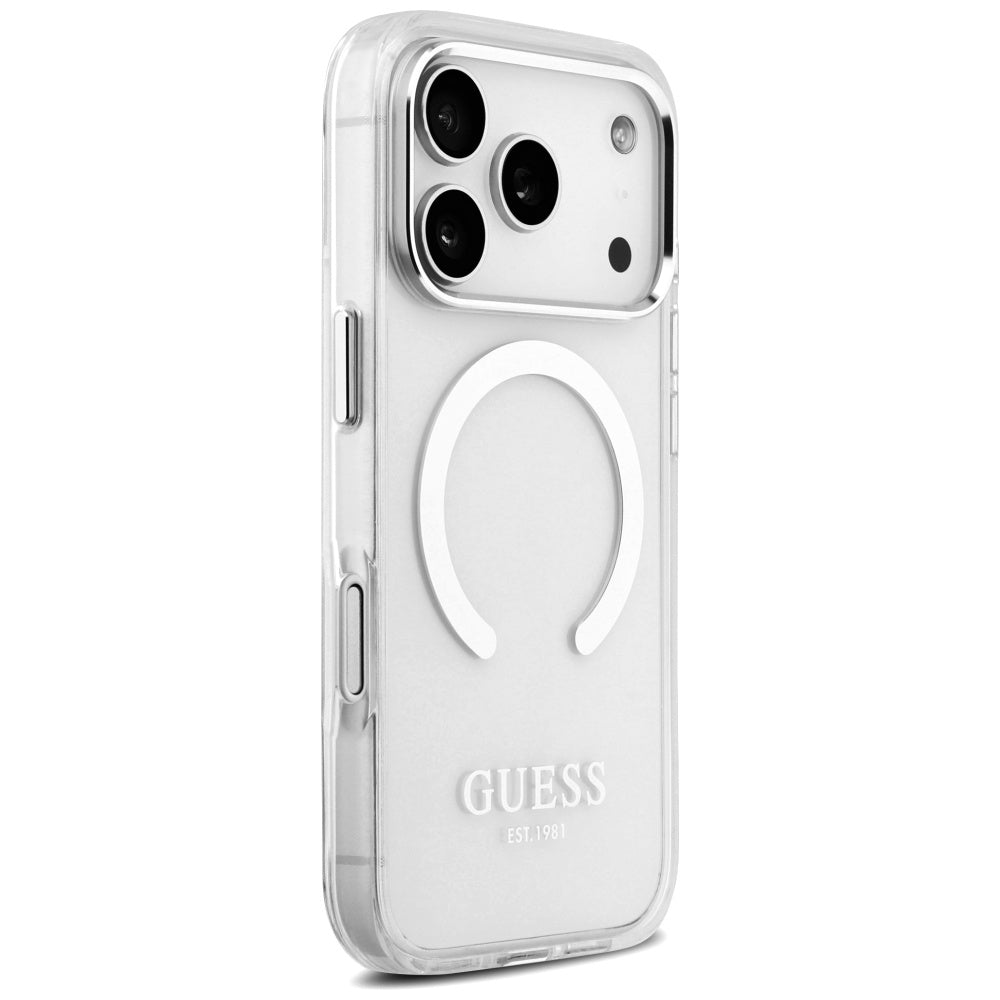 Husa MagSafe pentru Apple iPhone 17 Pro, Guess, Metal Outline, Argintie