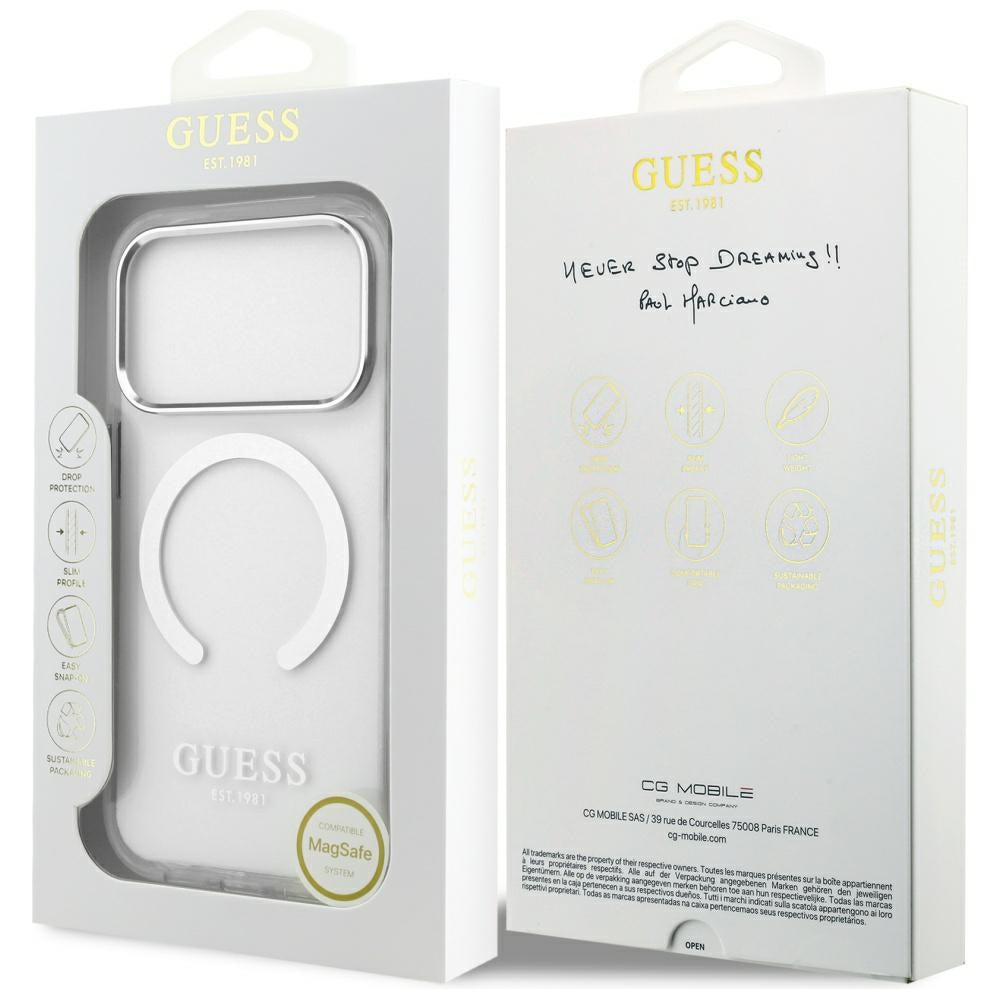 Husa MagSafe pentru Apple iPhone 17 Pro, Guess, Metal Outline, Argintie