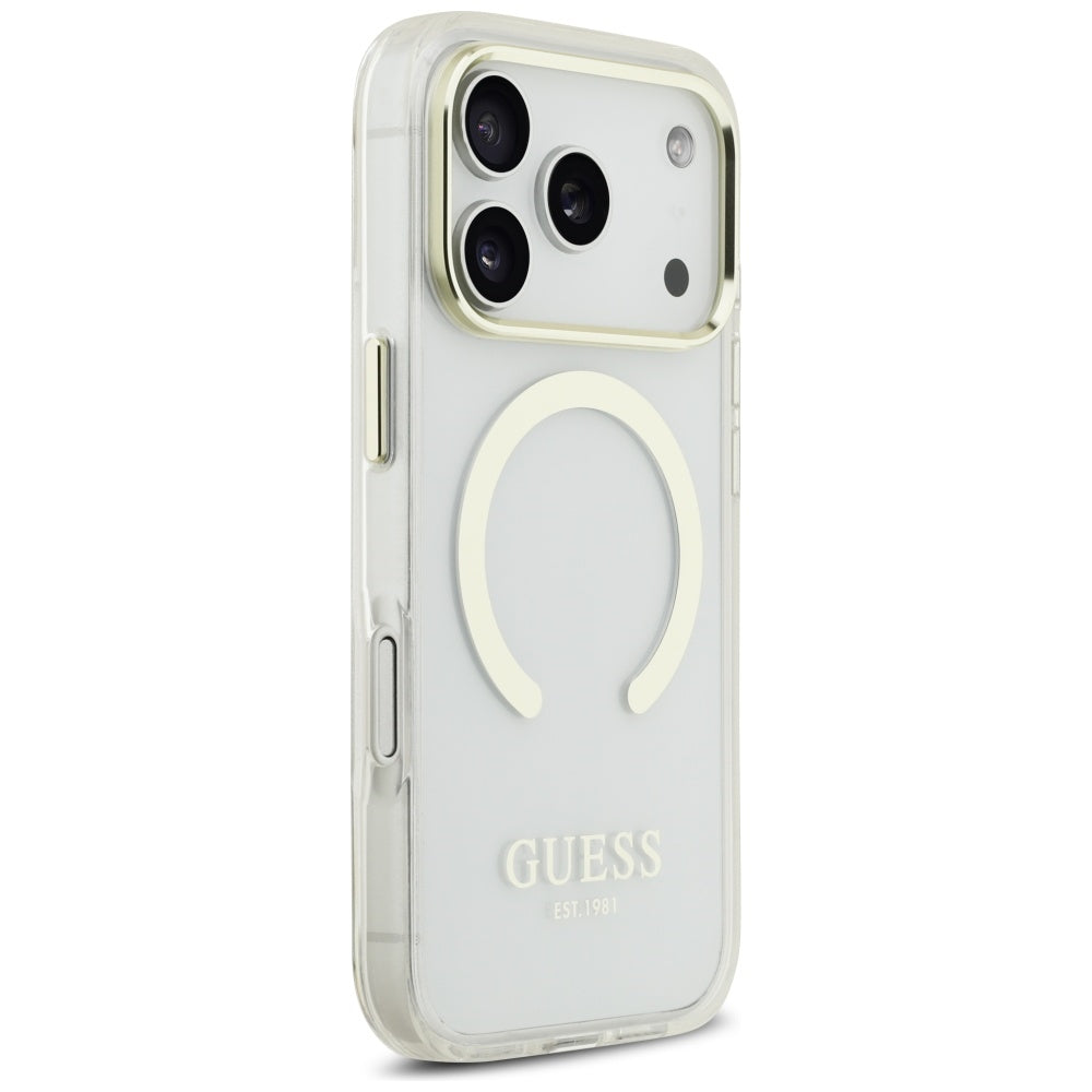 Husa MagSafe pentru Apple iPhone 17 Pro, Guess, Metal Outline, Aurie
