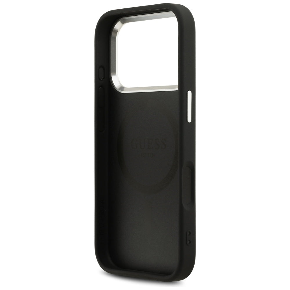 Husa MagSafe pentru Apple iPhone 17 Pro, Guess, Peony Hot Stamp Script, Neagra