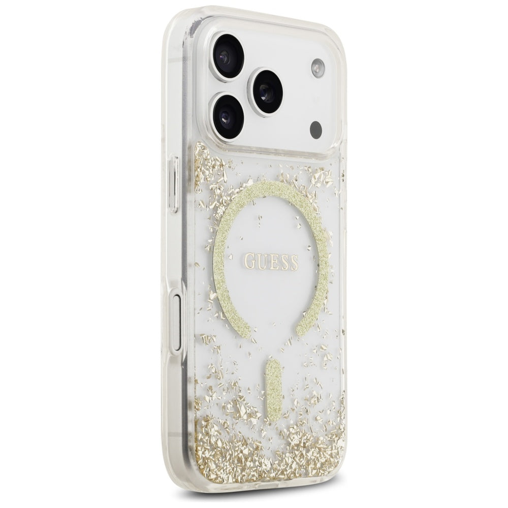 Husa MagSafe pentru Apple iPhone 17 Pro, Guess, Resin Bottom Glitter, Aurie