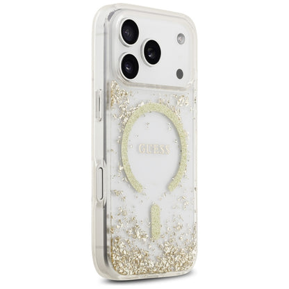 Husa MagSafe pentru Apple iPhone 17 Pro, Guess, Resin Bottom Glitter, Aurie