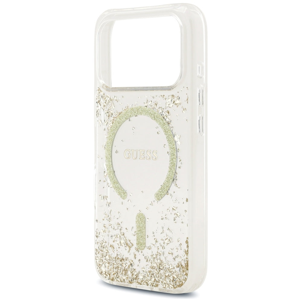 Husa MagSafe pentru Apple iPhone 17 Pro, Guess, Resin Bottom Glitter, Aurie