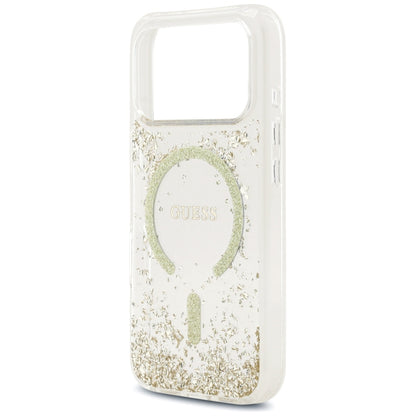 Husa MagSafe pentru Apple iPhone 17 Pro, Guess, Resin Bottom Glitter, Aurie