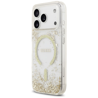 Husa MagSafe pentru Apple iPhone 17 Pro, Guess, Resin Bottom Glitter, Aurie