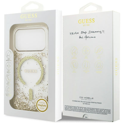 Husa MagSafe pentru Apple iPhone 17 Pro, Guess, Resin Bottom Glitter, Aurie