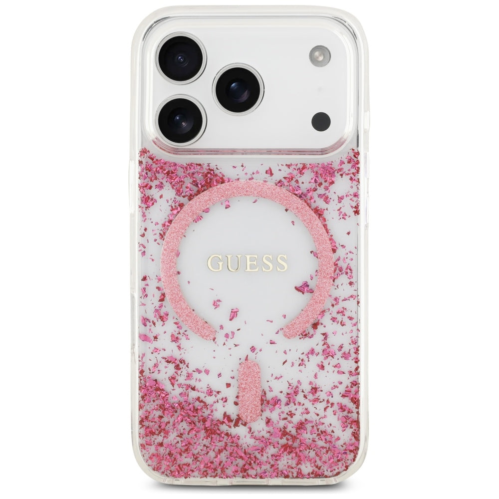 Husa MagSafe pentru Apple iPhone 17 Pro, Guess, Resin Bottom Glitter , Roz