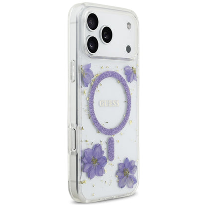 Husa MagSafe pentru Apple iPhone 17 Pro, Guess, Resin Flowers and Glitter, Mov