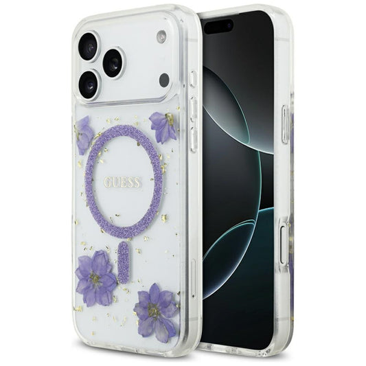 Husa MagSafe pentru Apple iPhone 17 Pro, Guess, Resin Flowers and Glitter, Mov