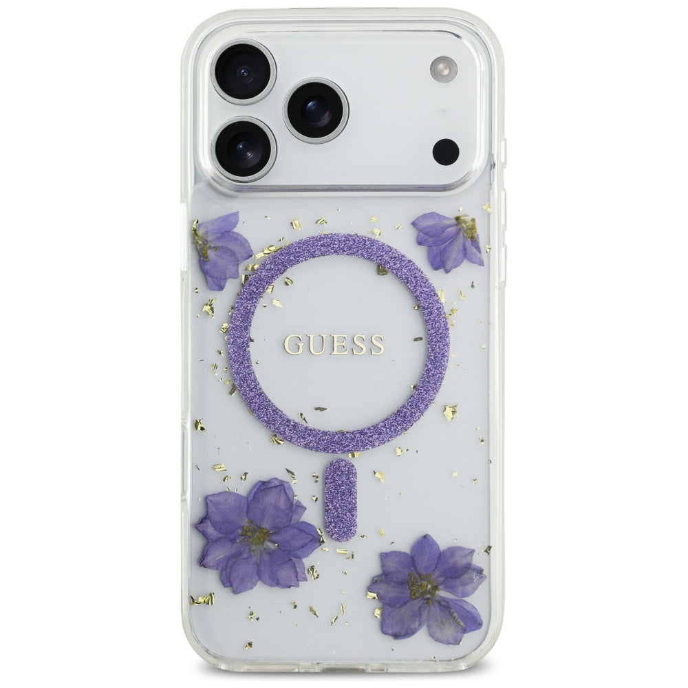 Husa MagSafe pentru Apple iPhone 17 Pro, Guess, Resin Flowers and Glitter, Mov